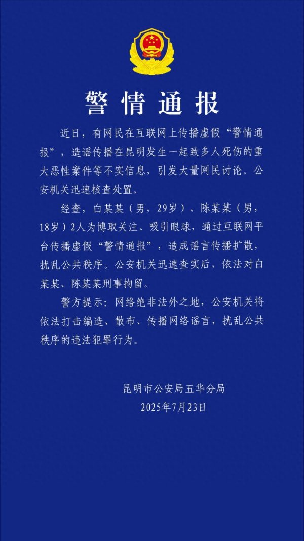 正规股指配资开户官网 传播虚假“警情通报”，造谣昆明发生多人死伤重大恶性案件，被刑拘
